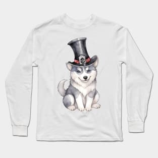 Watercolor Siberian Husky Dog in Magic Hat Long Sleeve T-Shirt